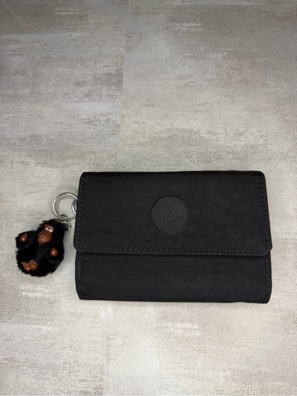 Kipling Black Compact Trifold Wallet with Monkey Keychain